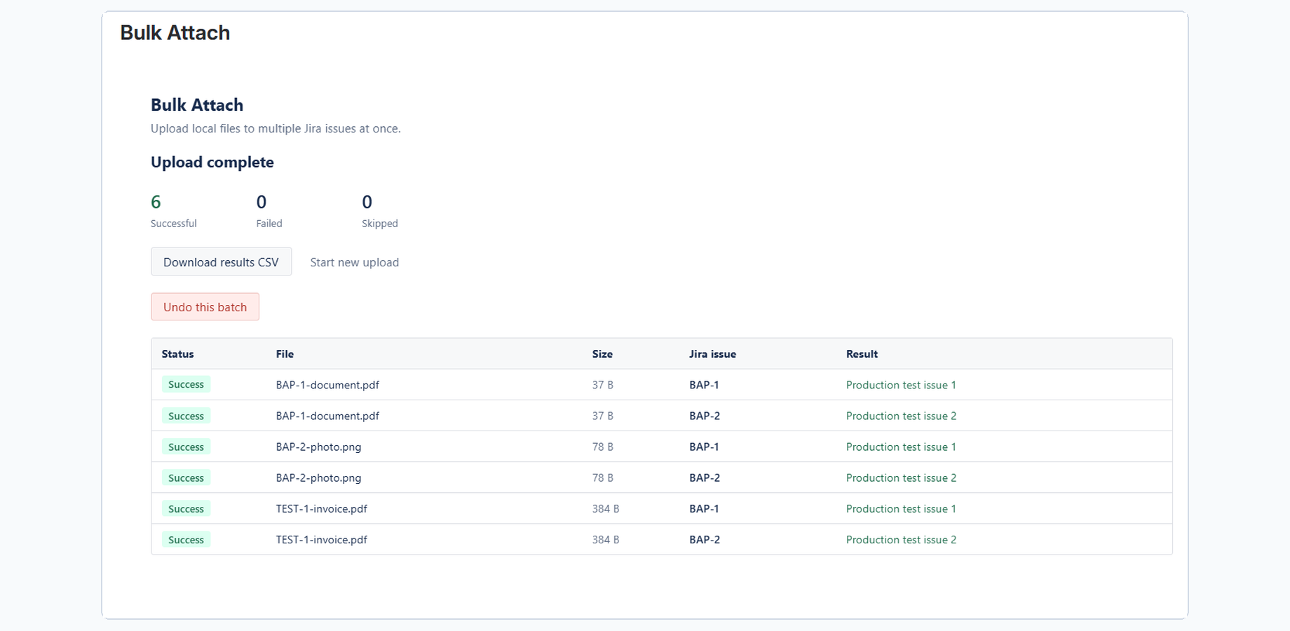 See exactly what succeeded, download the results, start another upload, or undo attachments from the current batch