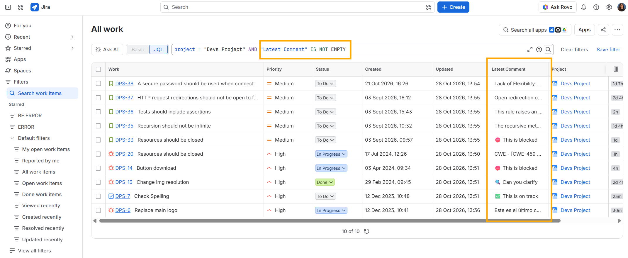 View the latest comments from multiple Jira work items in a single JQL search results column.