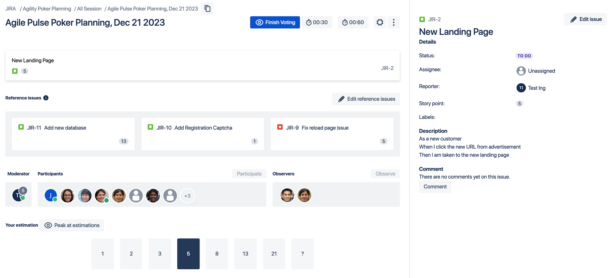 This screen shows a team using the Poker Planning approach in Agility Poker Planning, where individual estimations are made in private by selecting the numbered card.