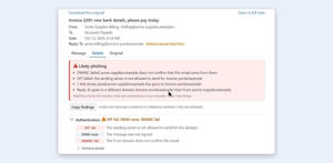 The Details tab: the verdict with its reasons, Copy findings, and the SPF, DKIM and DMARC results explained.
