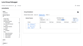 View the Projects related to a group. Drill down into the child objects related to a Project for more detail