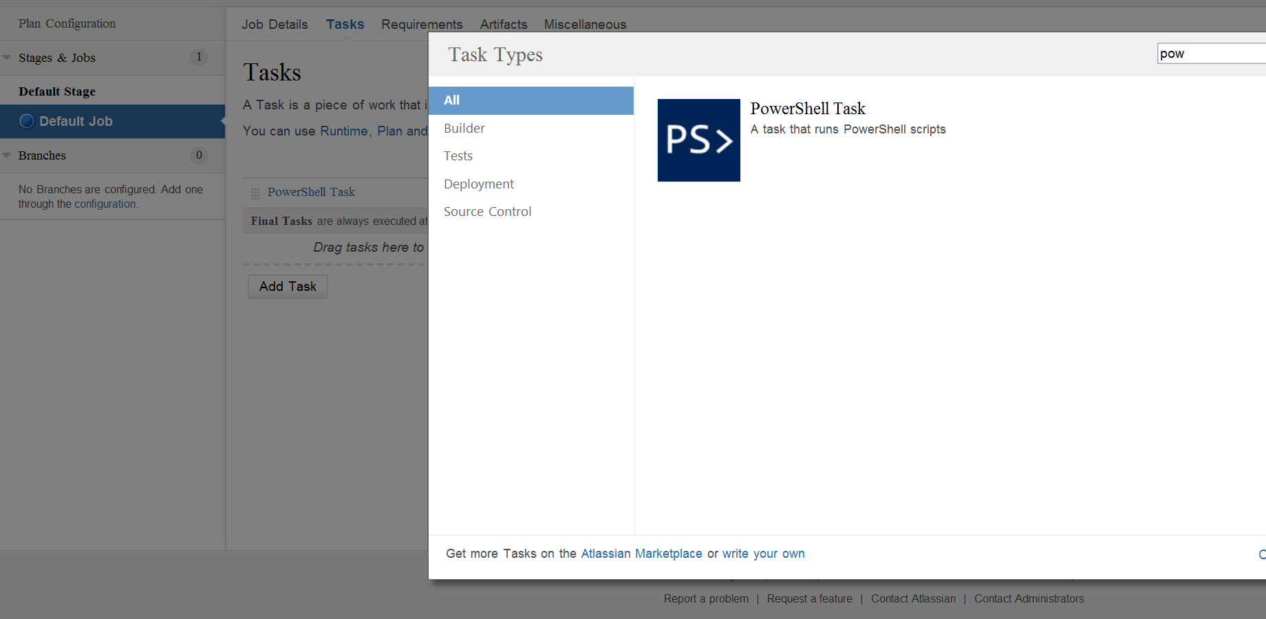 PowerShell task is available in the tasks list.