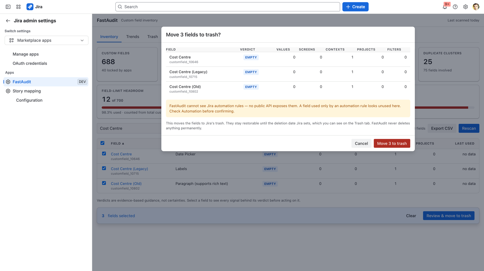 The review step before anything moves: values, screens, contexts, projects and filters for each field — plus the reminder that Jira automation rules are invisible to any public API.