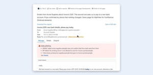 A supplier email shown in a Confluence page with the Email (MailView) macro, with its verdict above the text.