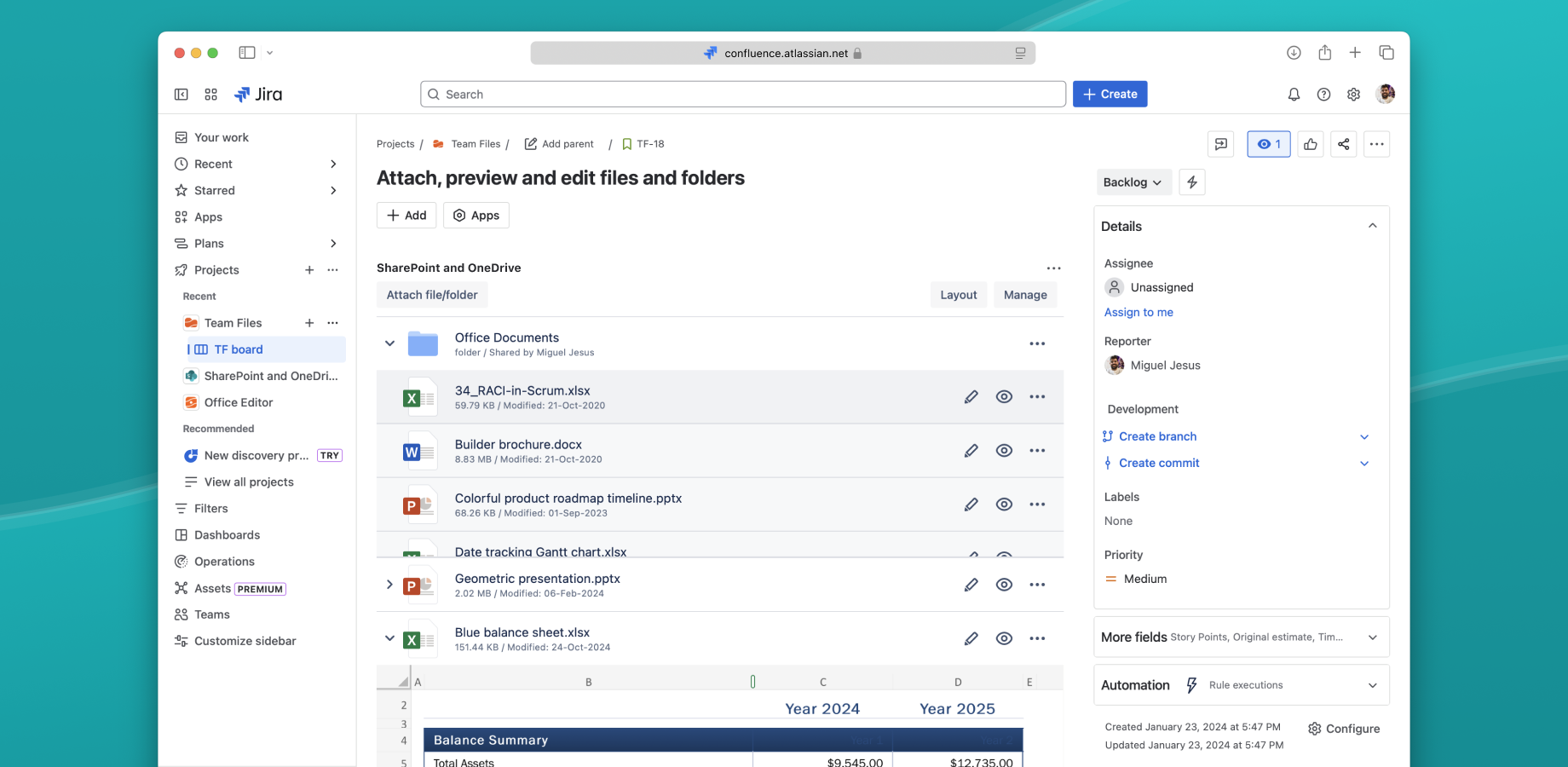 No more hunting down for files. With the Team Files app, you can attach the files/folders to issues needed to help your team get things done. Unlimited attachments, always updated and without using Atlassian storage.