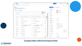 Historian’s Compare Dates tab embedded directly in a Jira issue screen, comparing field values for one work item between two dates side by side, with an Ask AI button for guidance.