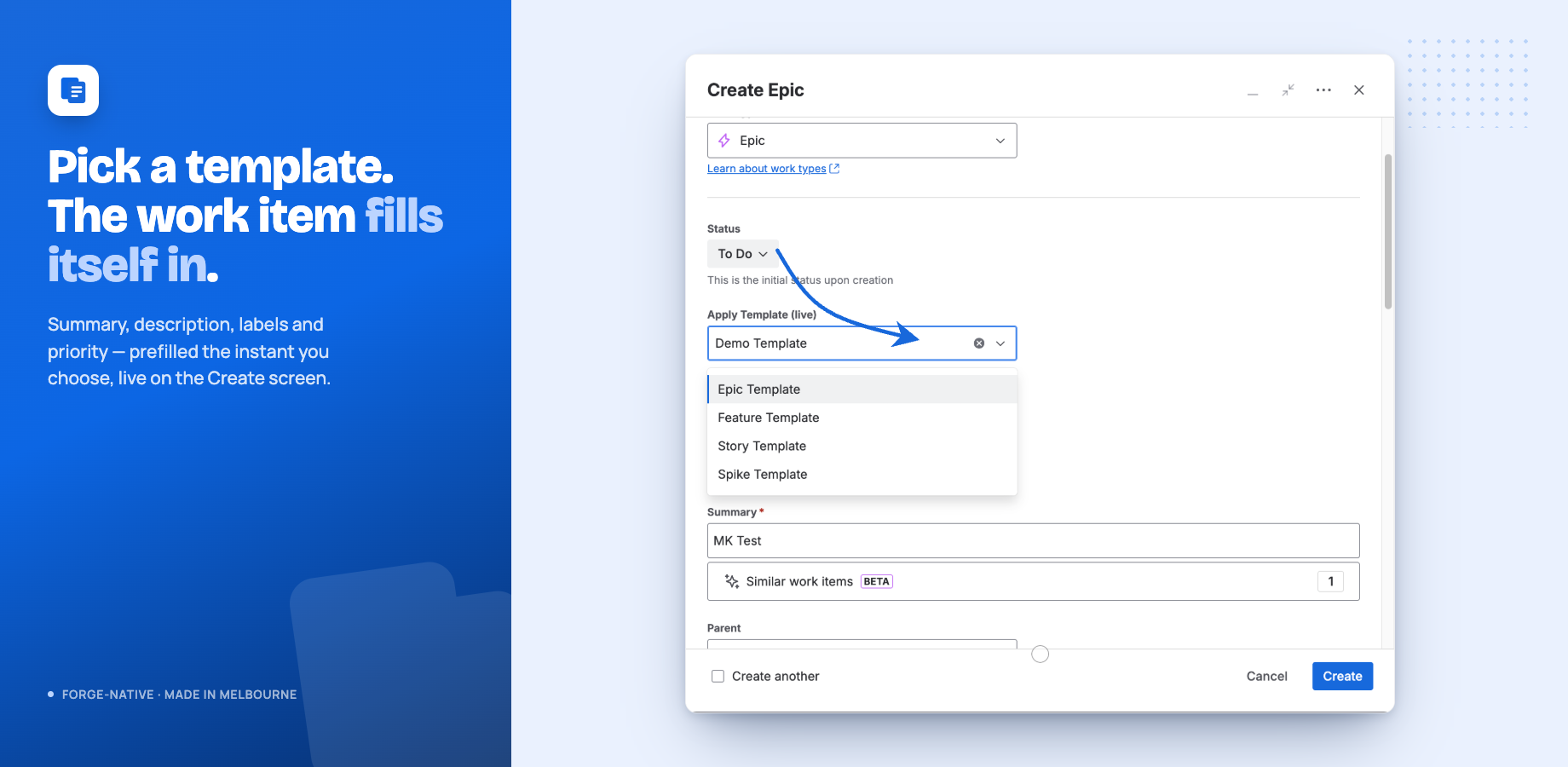 The Apply Template field sits on the Create screen — open it, pick a template, and the work item's fields fill in live before you even submit