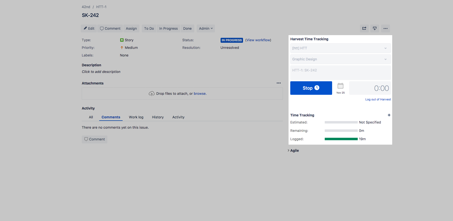 Havest timer running from the JIRA issue sidebar. JIRA worklog will be update when timer is stopped.