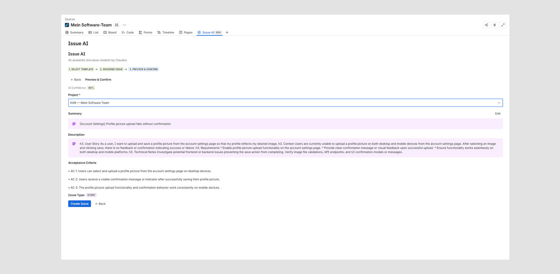 AI transforms rough input into a clear, structured Jira issue that teams can review before creating