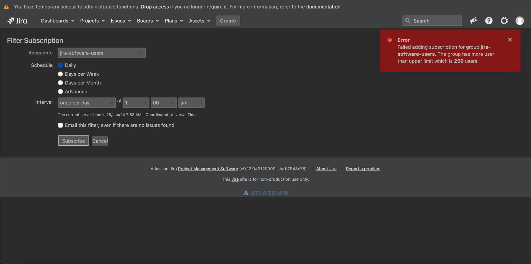 Screen showing subscription block