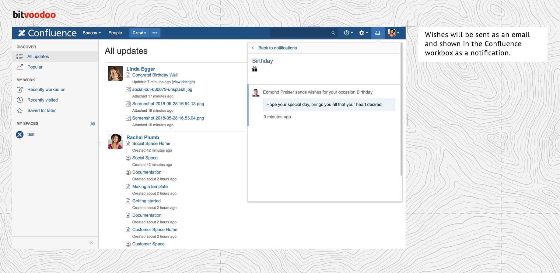 Wishes will be sent as an email and shown in the Confluence workbox as a notification