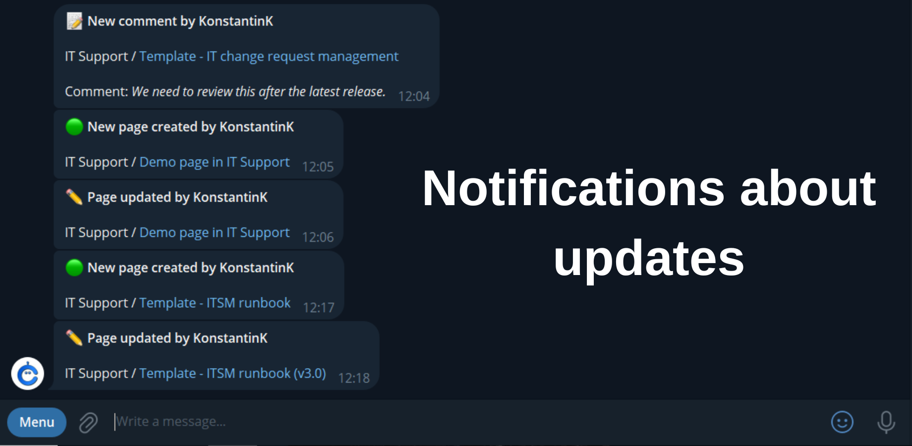 Example of how Confluence page updates and comments appear in Telegram