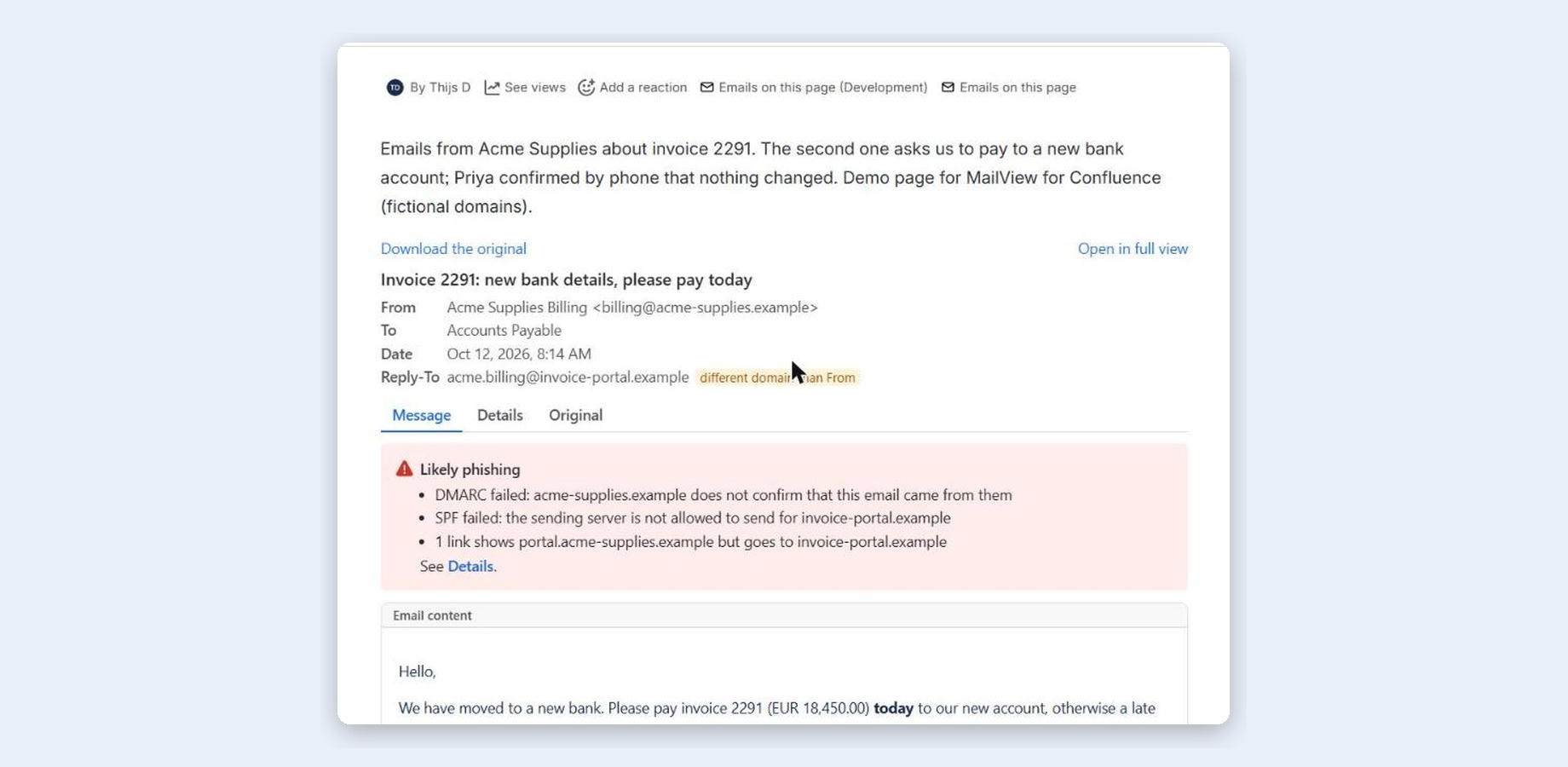 A supplier email shown in a Confluence page with the Email (MailView) macro, with its verdict above the text.