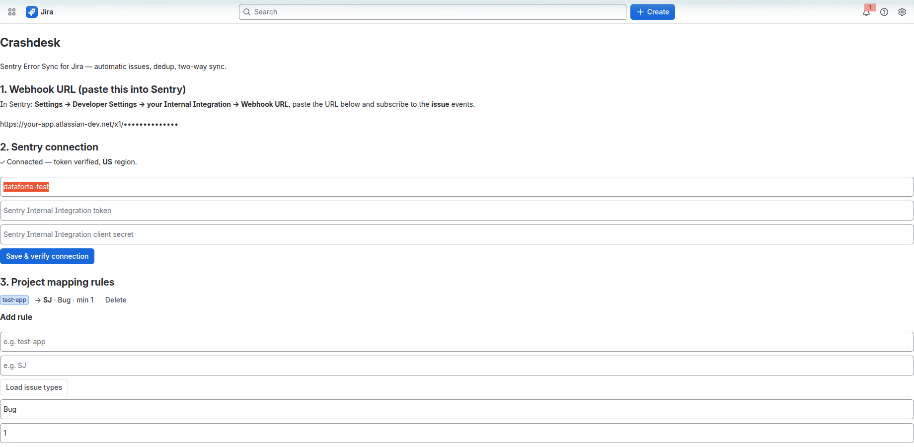 The admin page where Sentry is connected and the rules are defined.