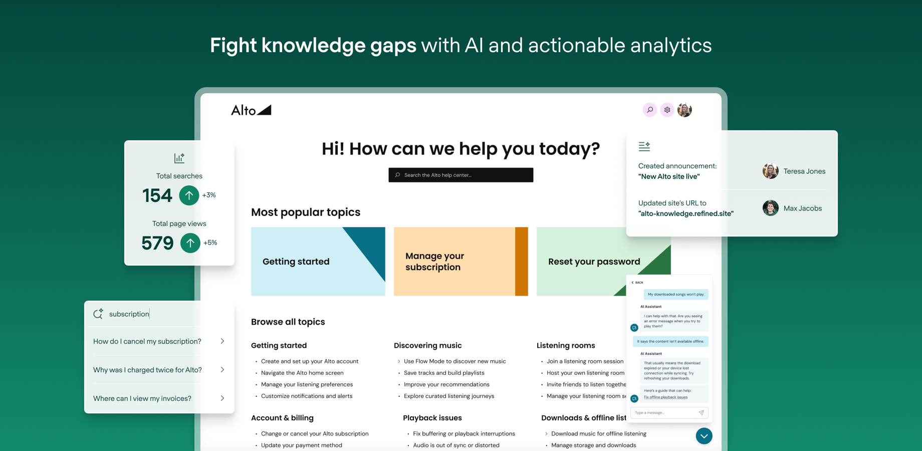 Find and fix content gaps before they become tickets. AI-powered discovery & summaries turn complex content into digestible, action-ready insights that keep users moving.
