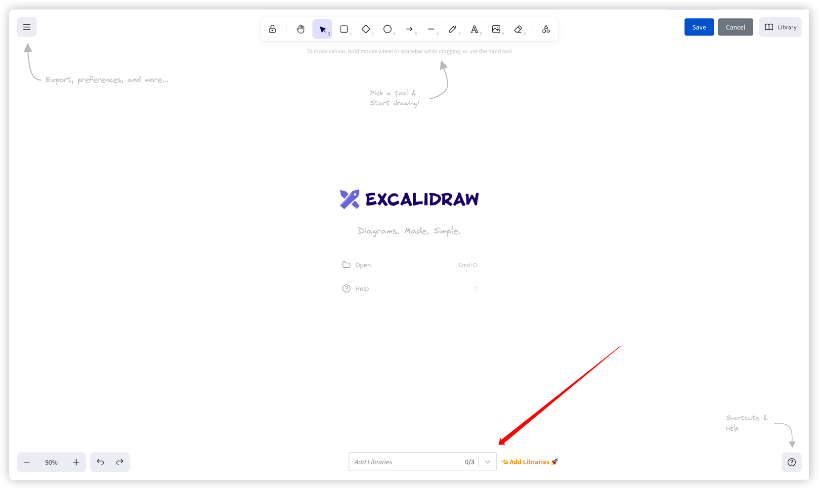 The Excalidraw editor interface within Confluence, showing the toolbar, canvas, and the Add Libraries selector at the bottom	