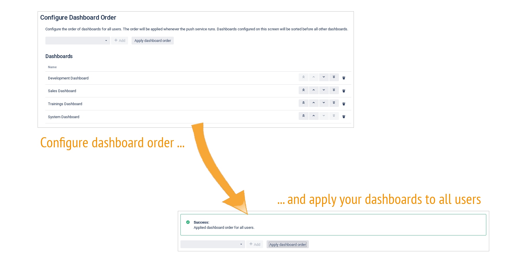Configure the order of dashboards and apply them to your users.