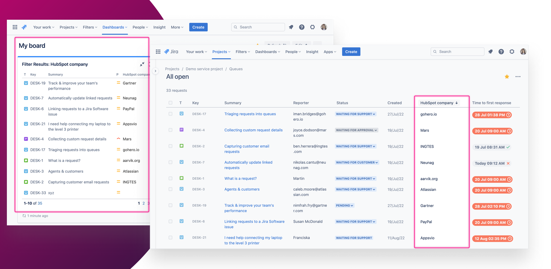 Use Jira custom fields to connect a HubSpot object with a create an issue view or other screen you wish. CRM integration with Jira allows you to be always up-to-date and have all information in one tool instead of two.