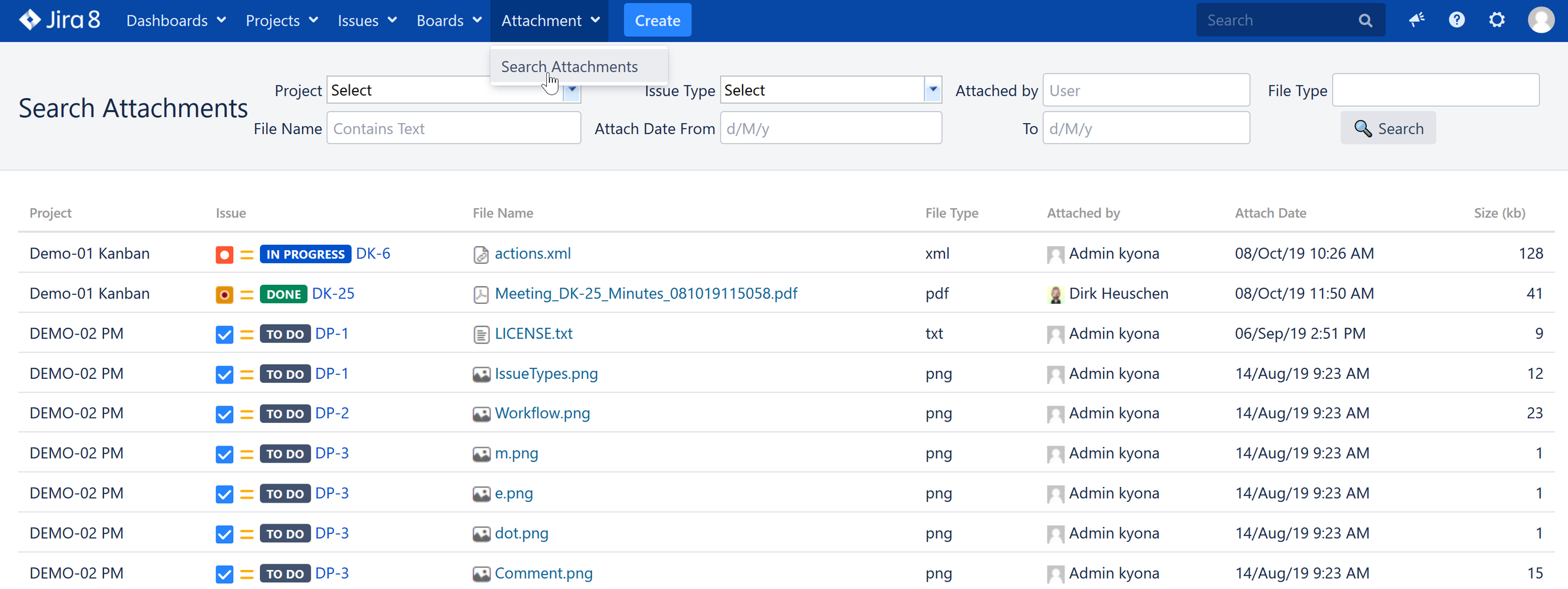 Attachments quick search features.