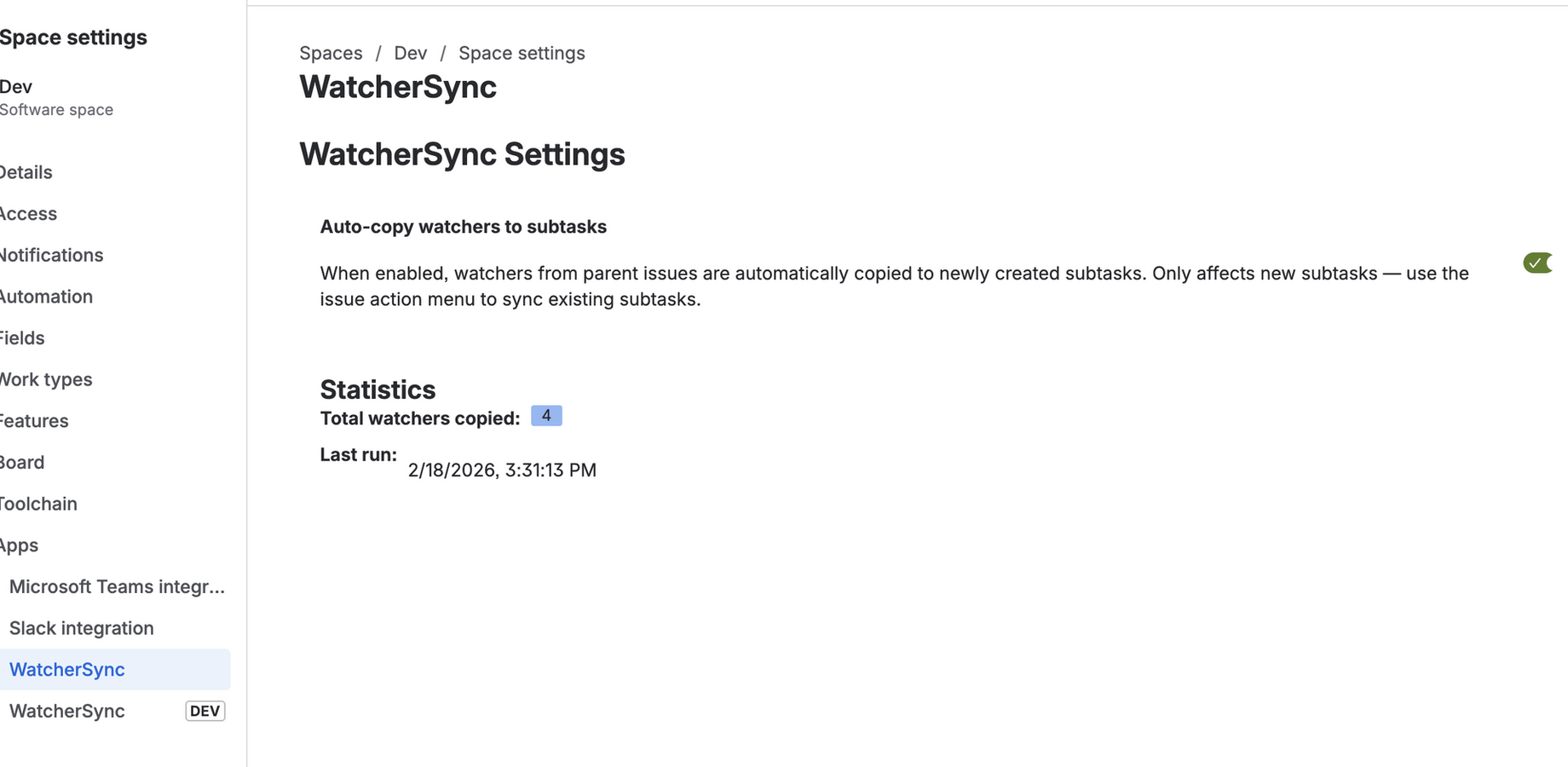 Project settings screen where WatcherSync rules are configured for a Jira project
