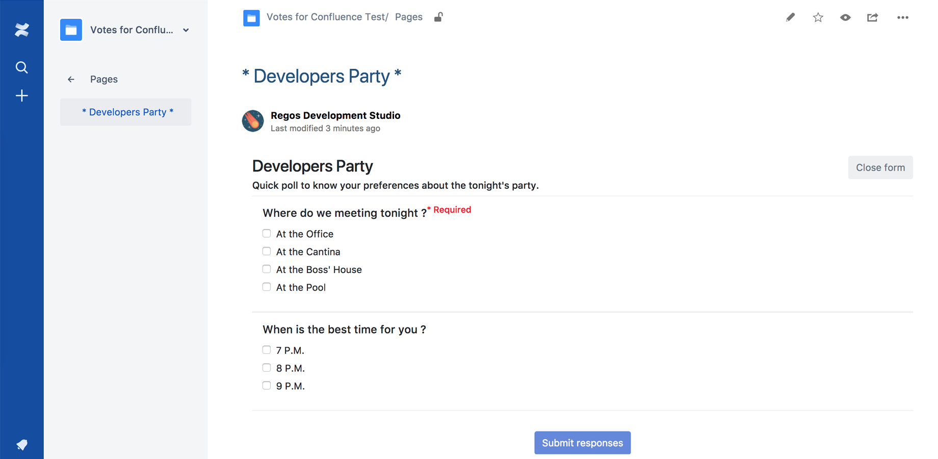 Simple form with multiple options about a Developers party!