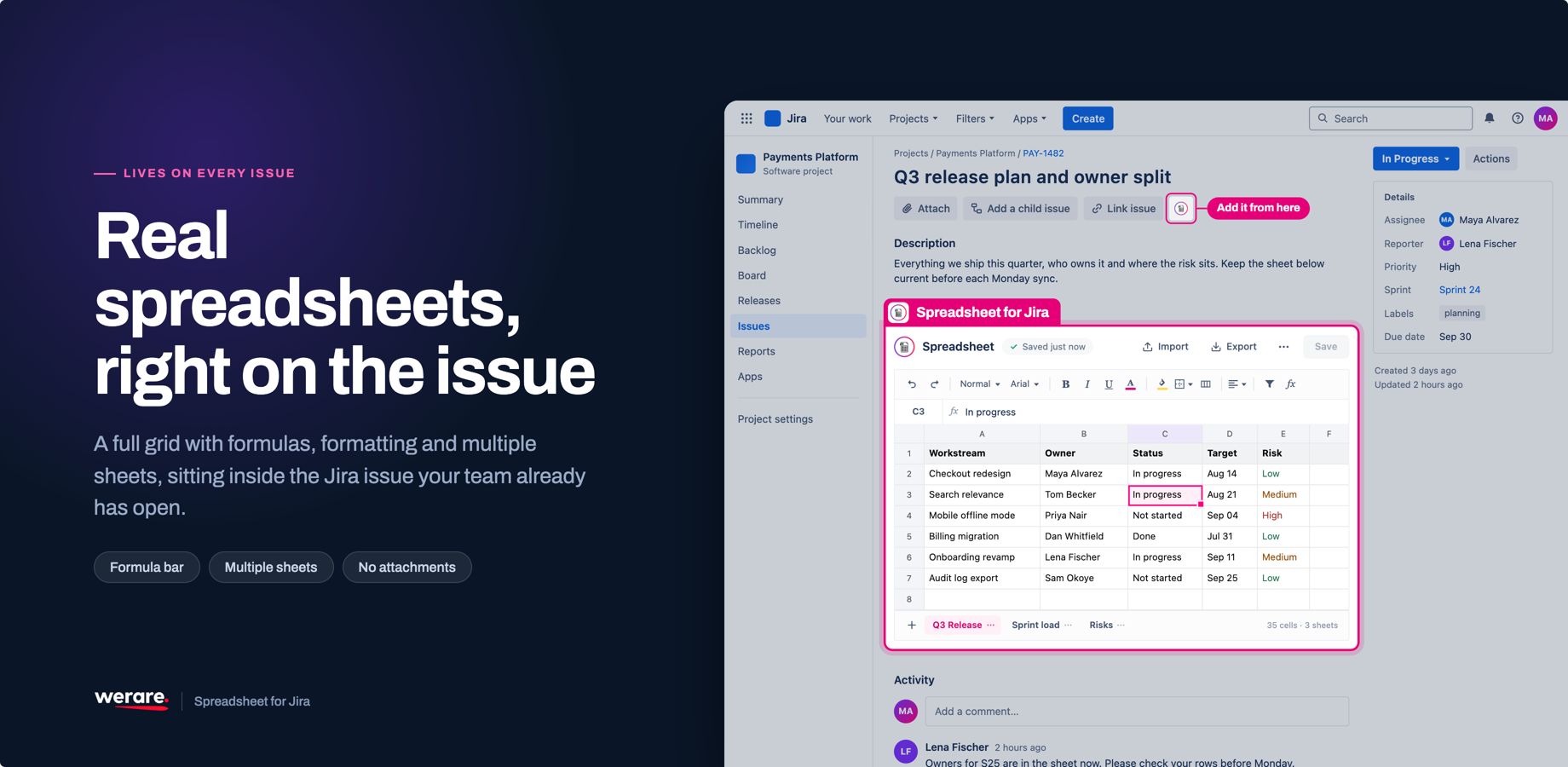 A Q3 release plan open on a Jira issue: workstreams, owners, sprints and target dates, with a formula bar and Sprint load and Risks as separate tabs. Saved just now.