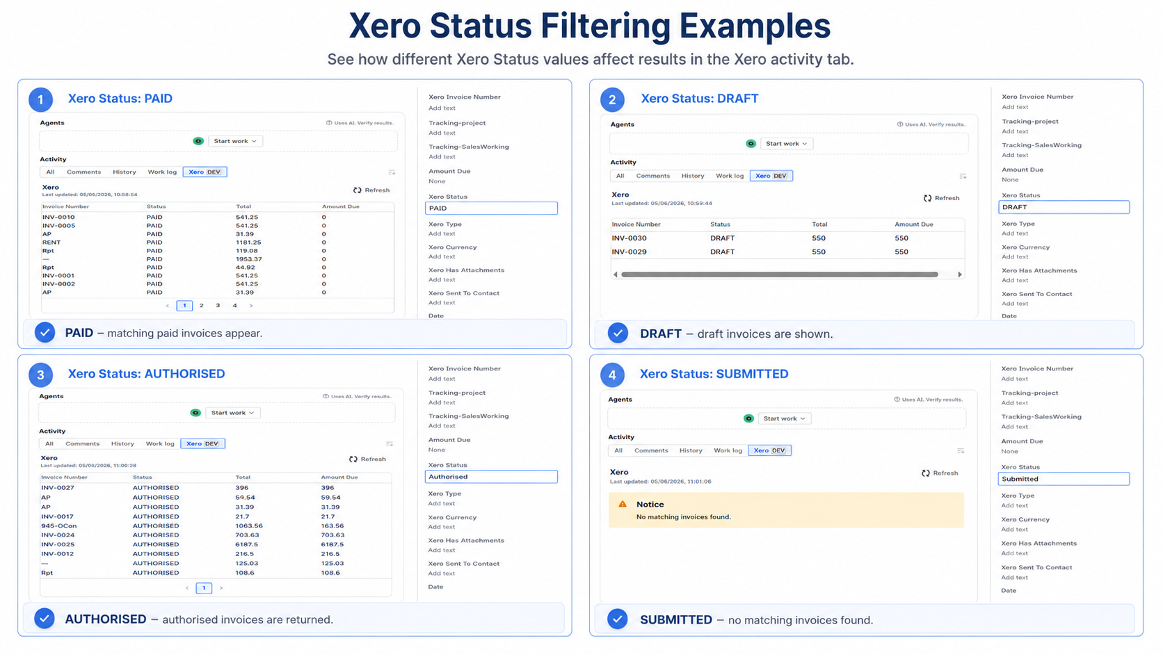PAID, DRAFT, AUTHORISED, SUBMITTED — filter live Xero invoices directly from a Jira issue.