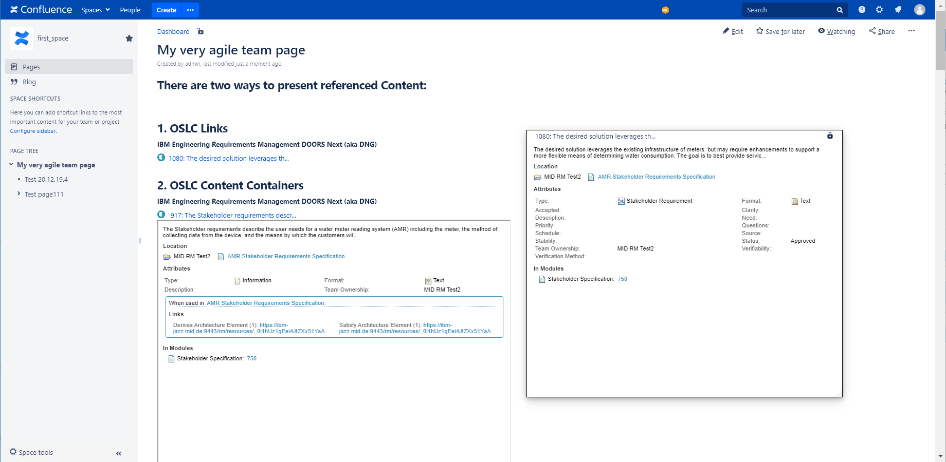 A DOORS Next requirement referenced as a link (detail on rich-hover) and as a content container