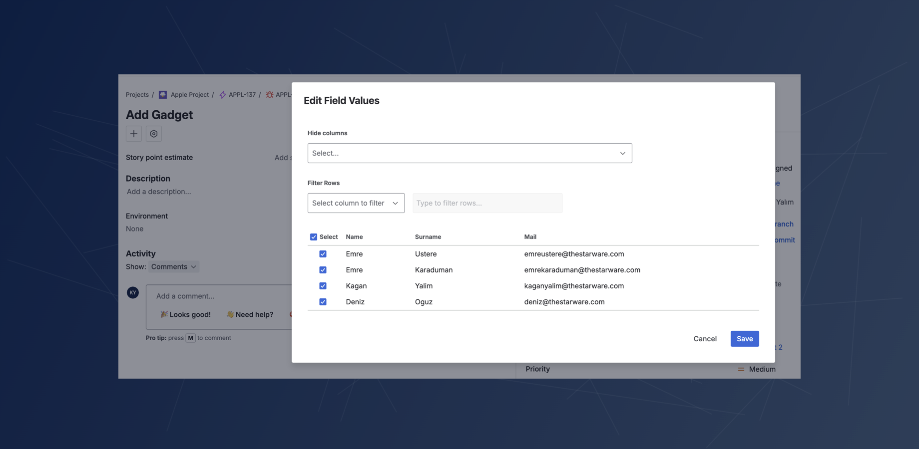 Directly on the issue view, select multiple rows from your custom data table. Users can dynamically filter rows and hide columns on the fly, making it easy to navigate large tables and pinpoint the exact data required.