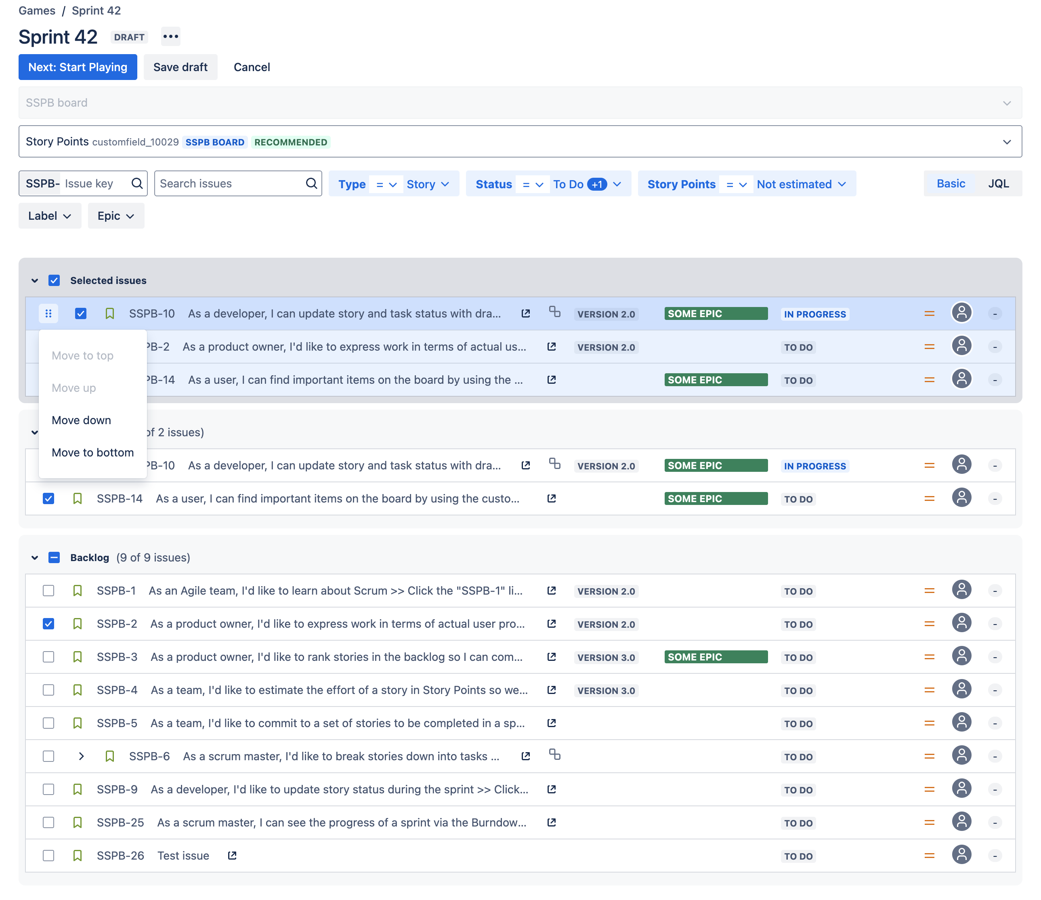 Jira Issue Search lets you filter by type, status, labels, epics, or exact issue key, with JQL auto-suggestions. Pick an estimation field for final points, select a sprint, and order issues for efficient estimation.