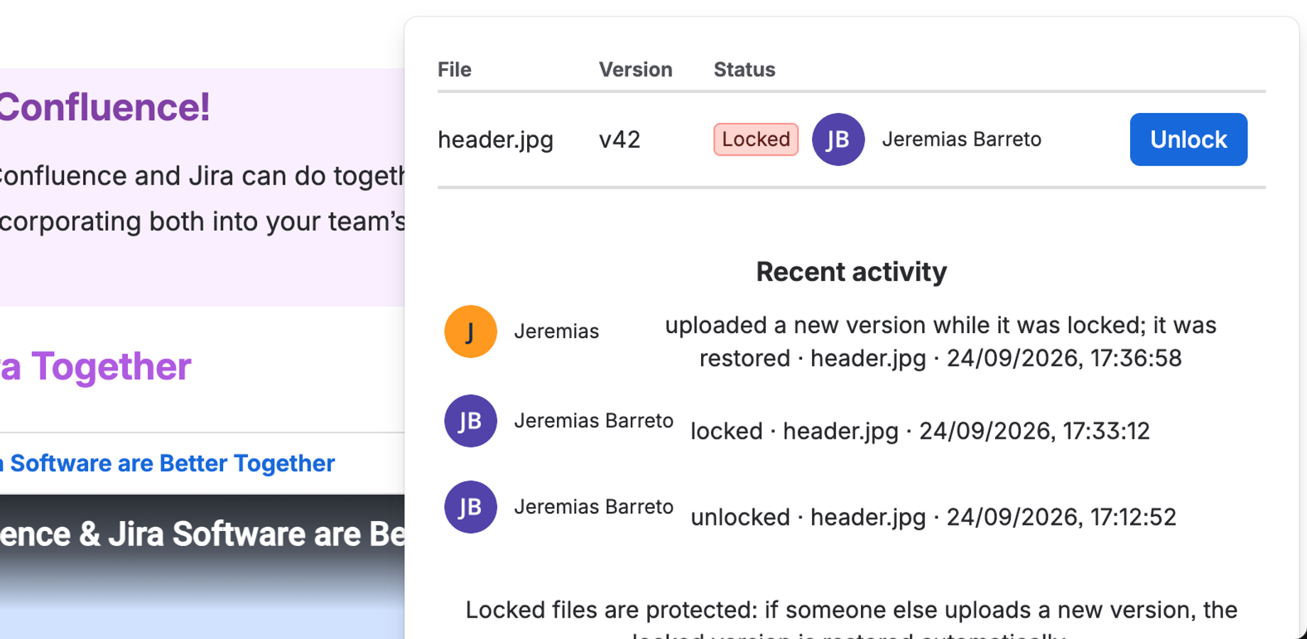 Recent activity shows an upload that was rolled back while the file was checked out.