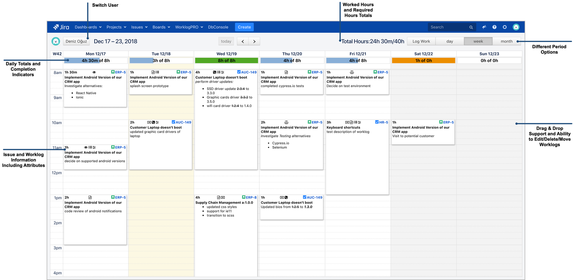 Work Log Calendar allows you to enter/edit/delete work logs more correctly and easily. It can be viewed daily, weekly and monthly. Daily total and required work log hours directly available on the view.