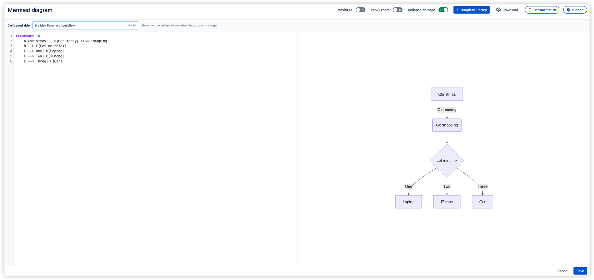 The split-view editor: write Mermaid code on the left, see a live diagram preview on the right. Start from a blank canvas or pick a template to get started instantly.