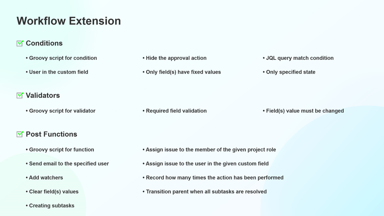 Quickly build your workflow in your ways through powerful condition, validator, post-function.
