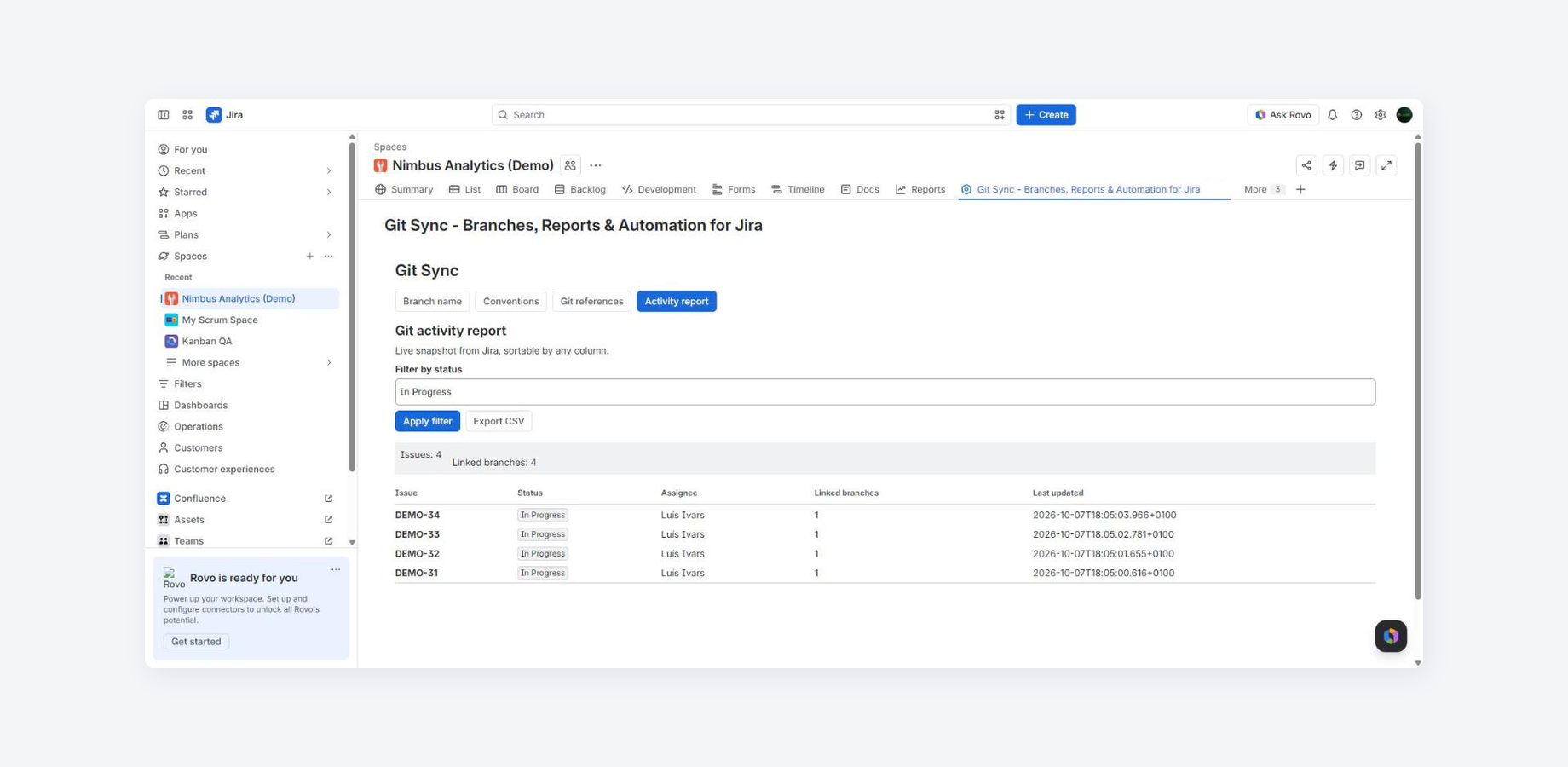 Activity report with status filter and CSV export