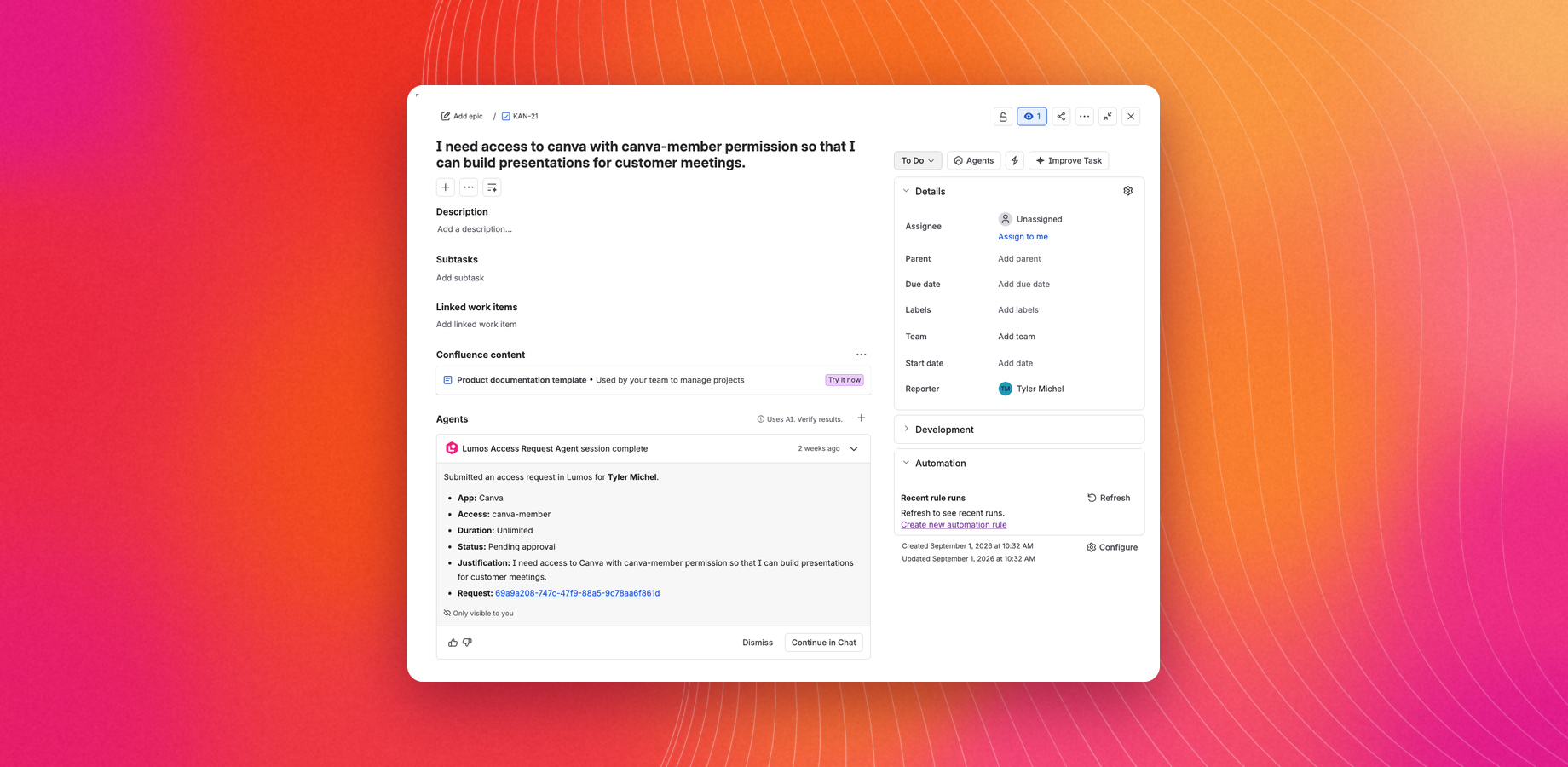 The Jira ticket auto-closed after access was granted, with the Lumos Agent's comment linking to the completed request above it.
