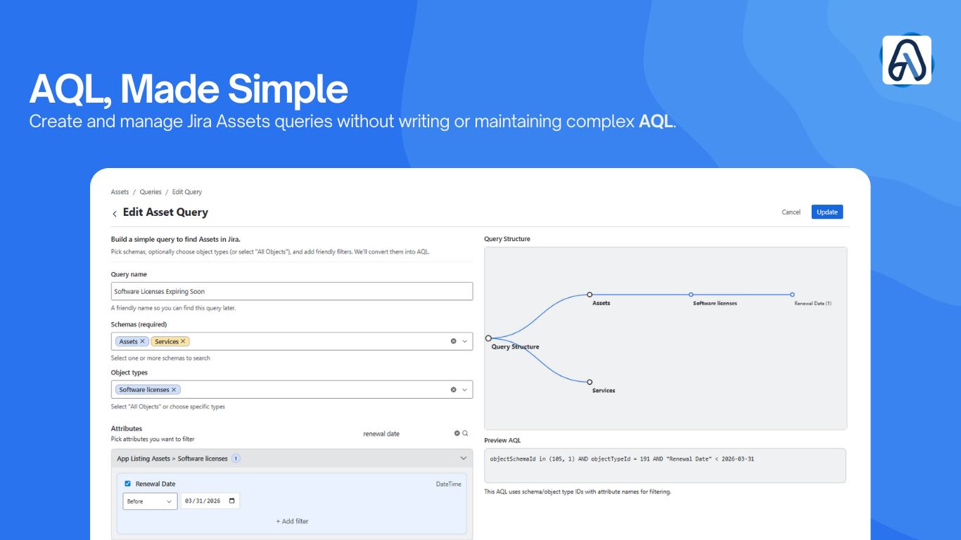 Manage Jira Assets queries without complex AQL