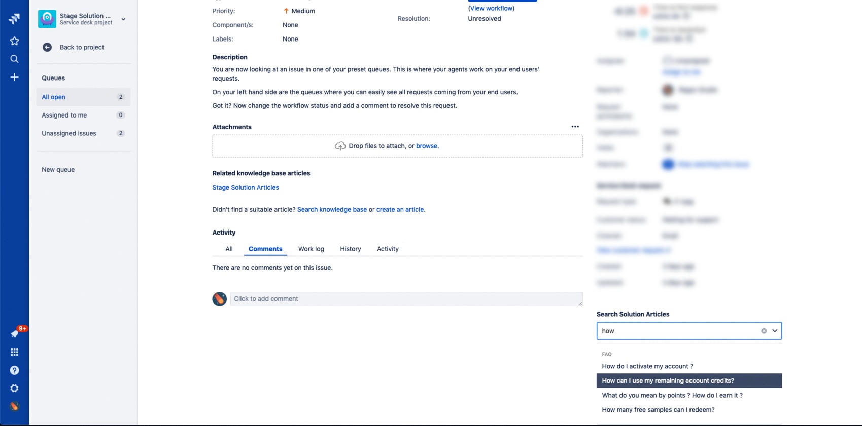 Solution Articles search in the issue view