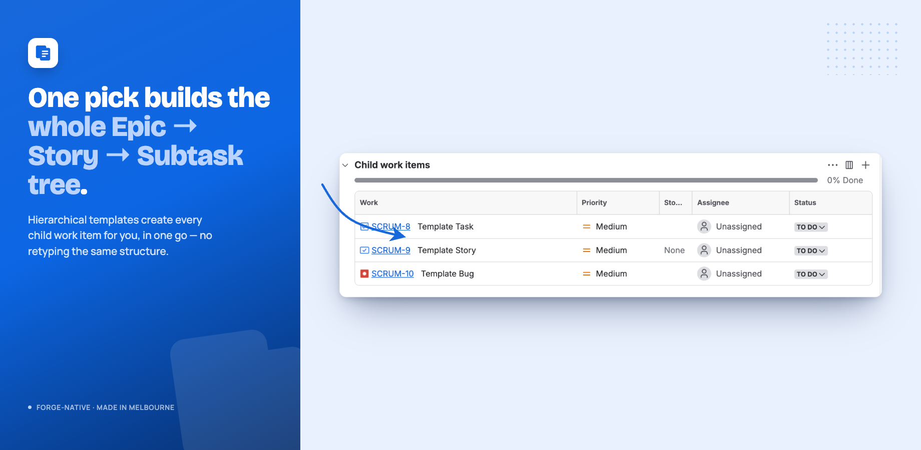 One template pick created this whole tree — the Epic's Stories and their Subtasks, named and parented automatically, with no manual sub-task entry