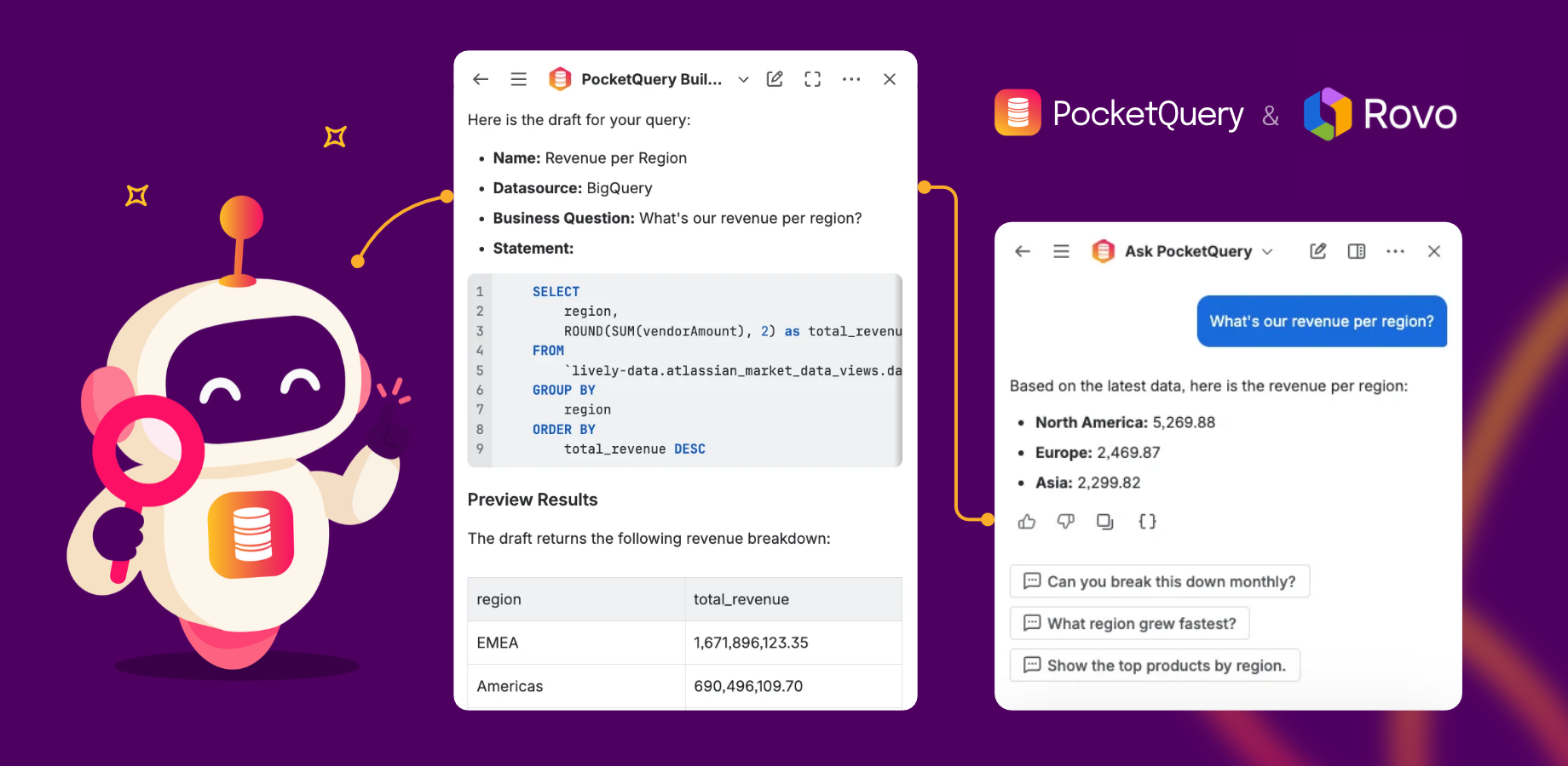 Admins create Queries with the Builder agent. Your team then asks Ask PocketQuery questions in plain language and gets answers from live data, limited to those admin-created queries.