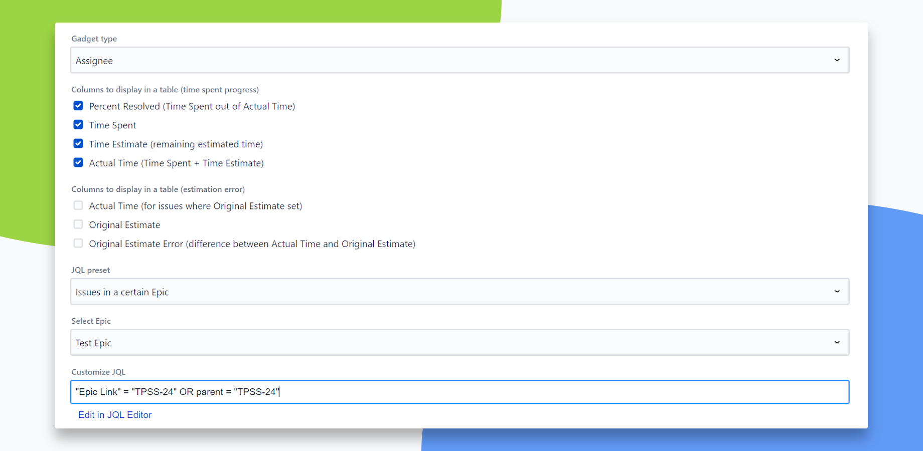 Gadget configuration screen accepting JQL filter