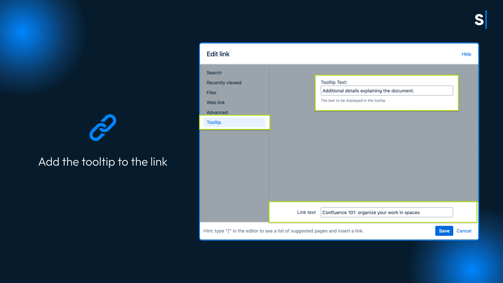 Tooltips are created through the link dialog