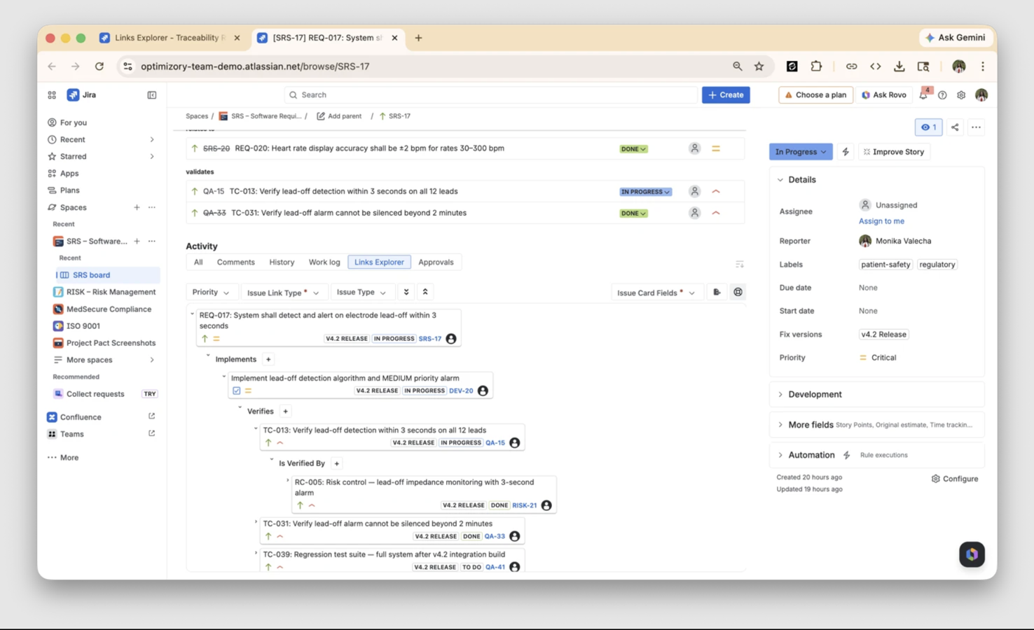 Impact analysis view displaying recursive upstream and downstream dependency mapping from a single changed requirement, spanning multiple linked issue types and projects.
