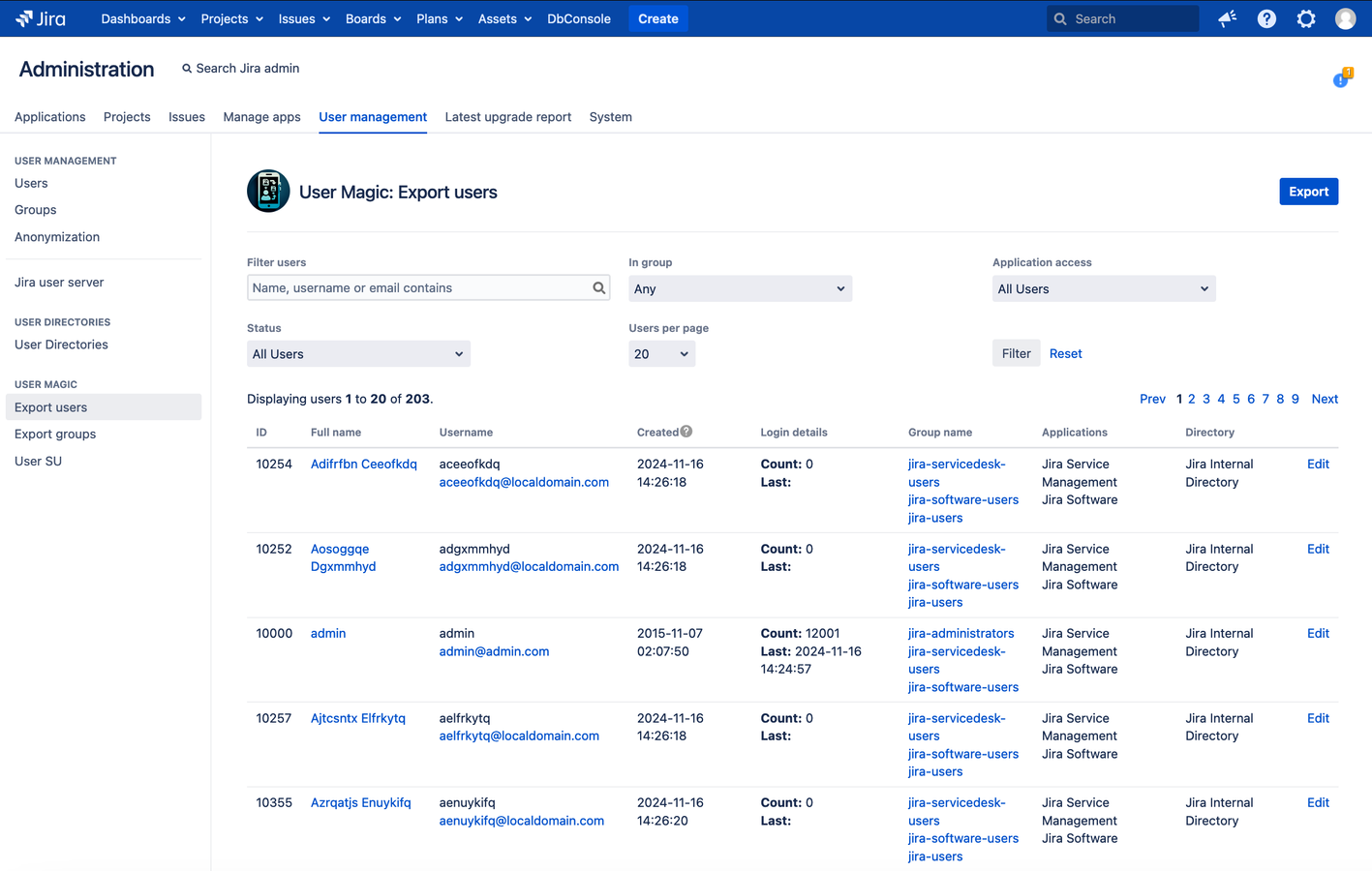 Export users