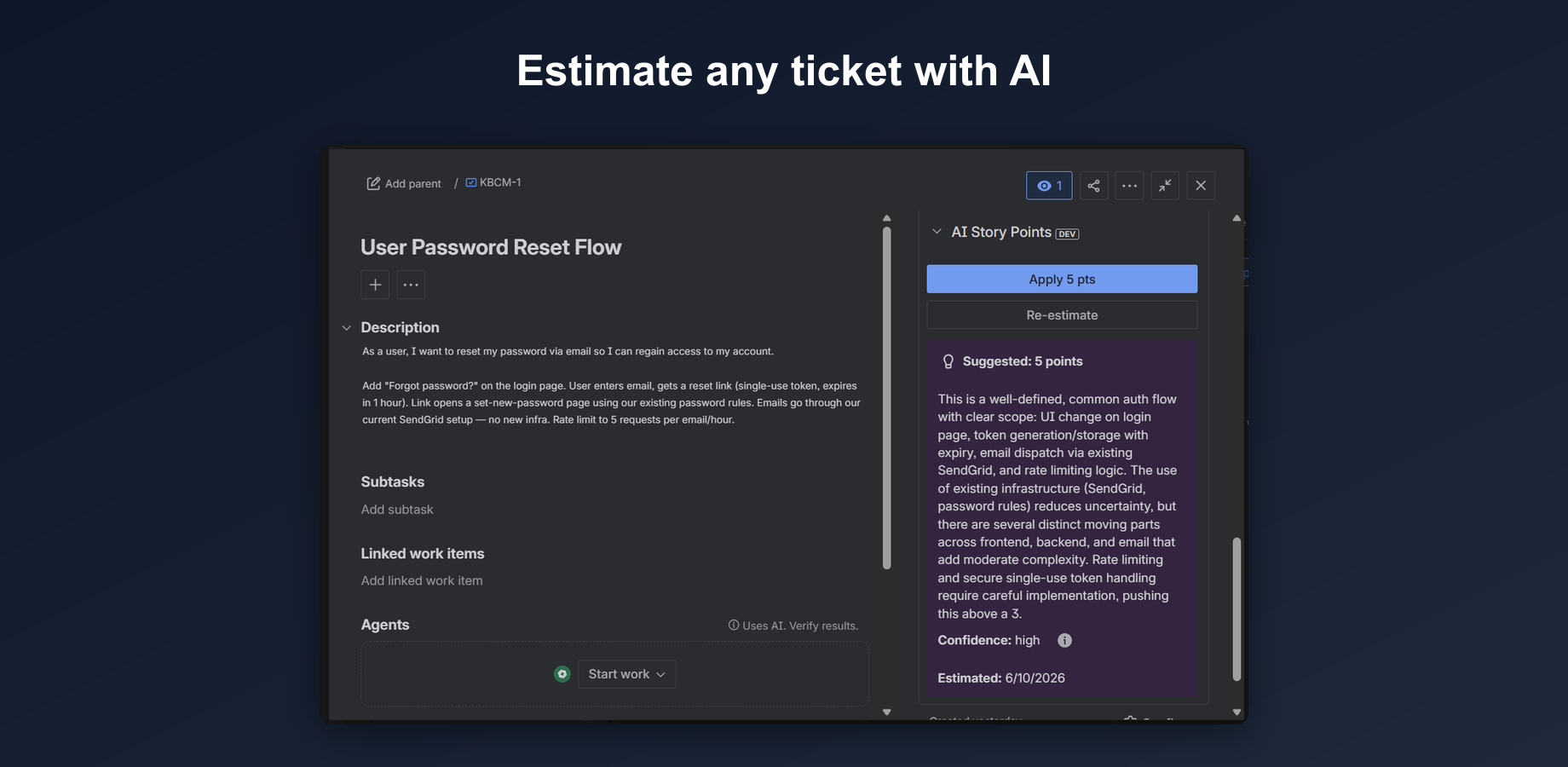 The AI Story Points panel in the issue view, showing a suggested estimate with reasoning and confidence