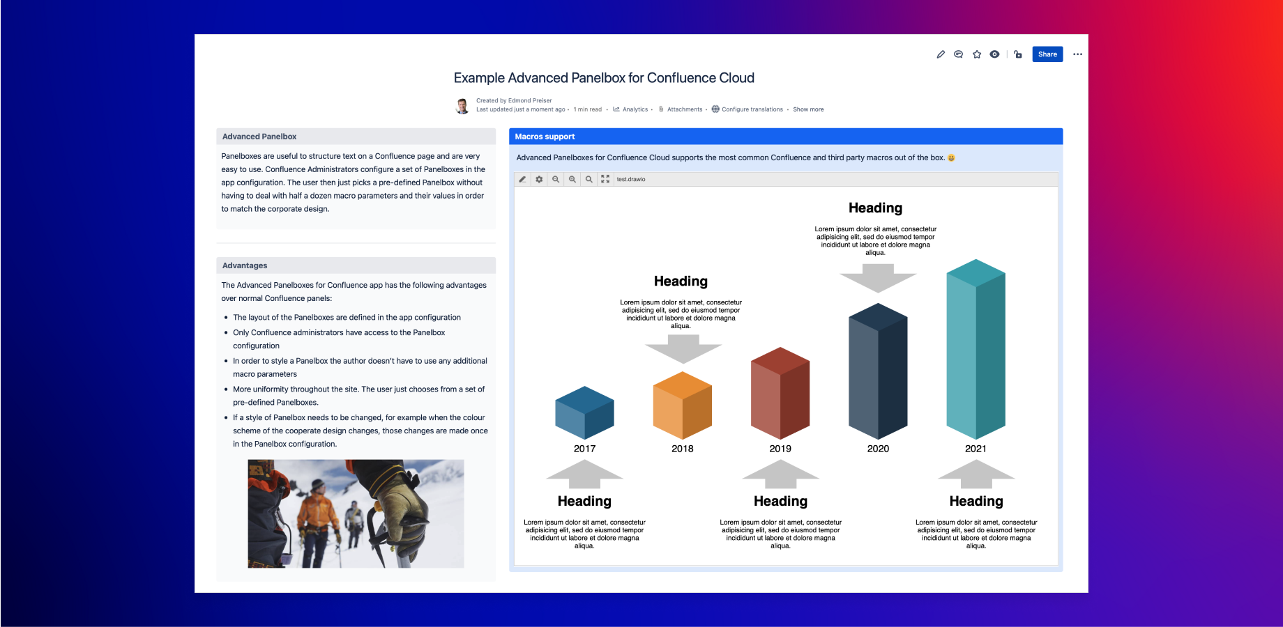 Configuration changes are reflected immediately.
Advanced Panelboxes supports the most common Confluence and third-party macros out of the box.