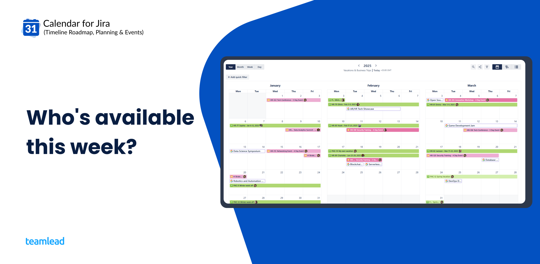HR calendar in Jira showing team vacations and business trips by assignee, with color rules separating leave types and a shared view for managers