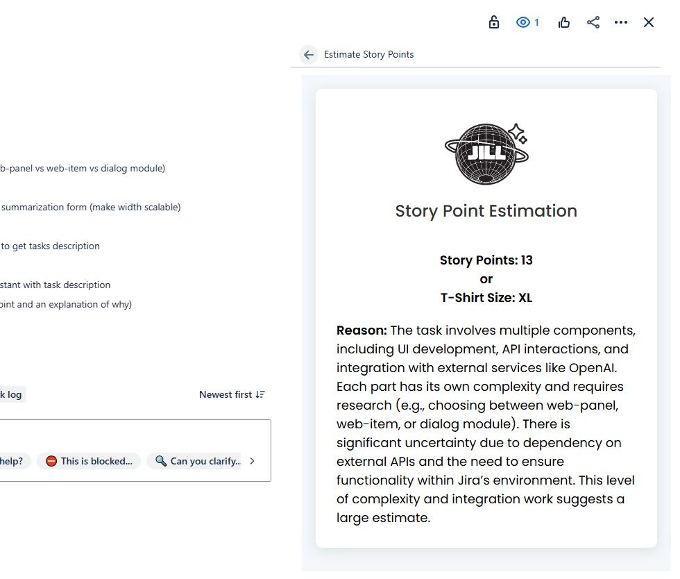 This screenshot showcases JILL’s AI-generated story point estimate and detailed reasoning, directly embedded in a Jira task—helping teams align faster and estimate with more clarity.