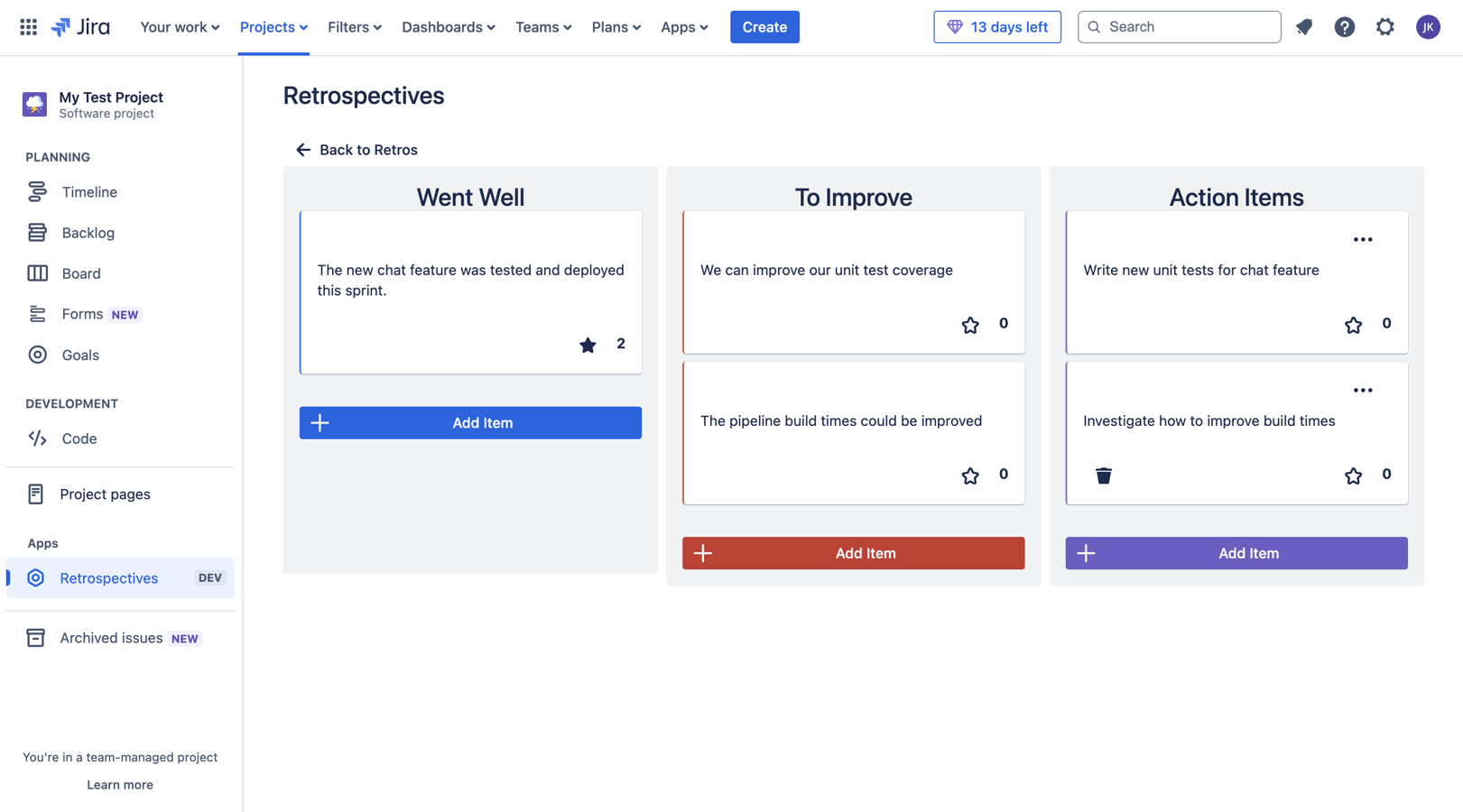 Easily keep track of all retro comments and action items with our retro board.
