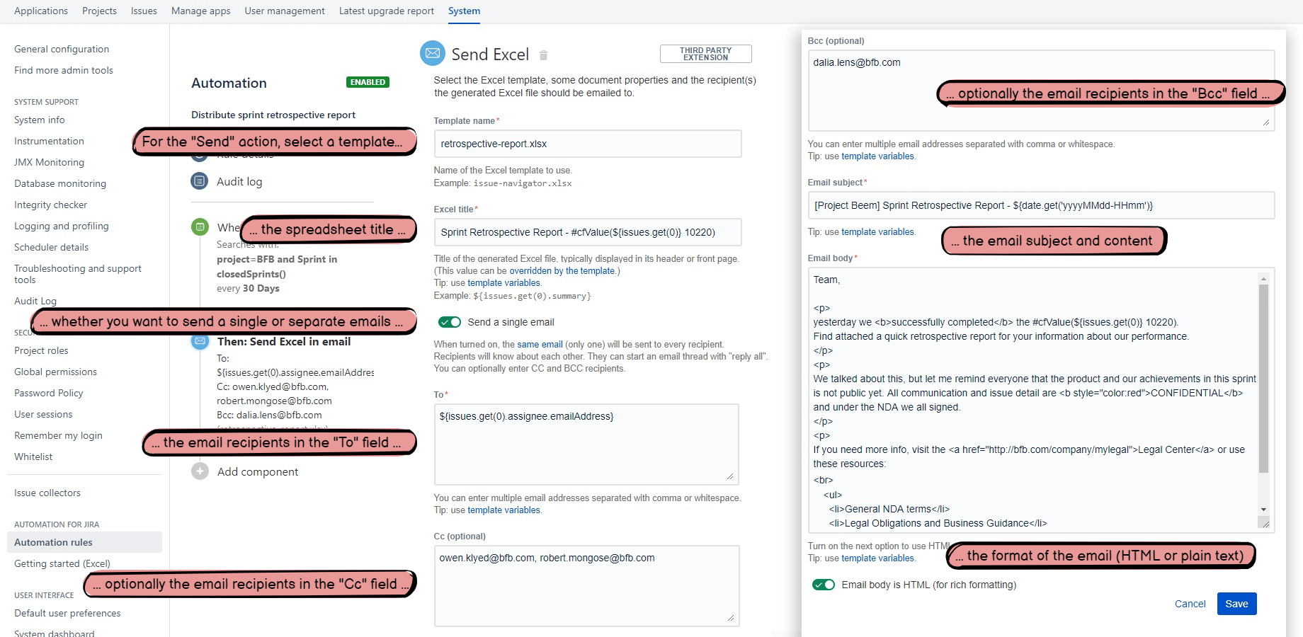 The "Send Excel" action enables you to select the XLSX template, specify the "to" email address(es), the email subject and the body text. All these may be static or may use template variables (ex: assignee of the issue).